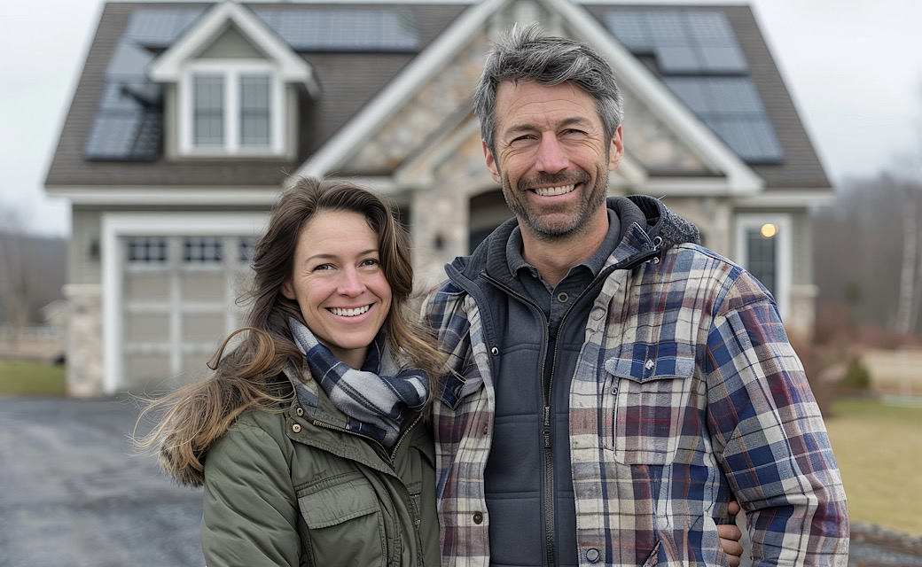 Happy couple stands smiling in the driveway of a large house with solar panels installed.