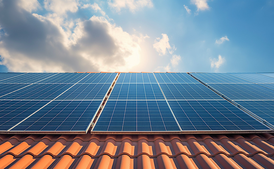 Photovoltaic solar panels installed on rooftop for producing clean ecological electricity with blue sky background. Photovoltaic panels on the roof.View of solar panels in the building, renewable energy.