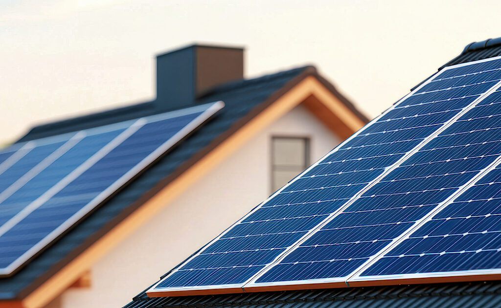 Solar panels installed on rooftops showcase renewable energy solutions for modern residential homes.