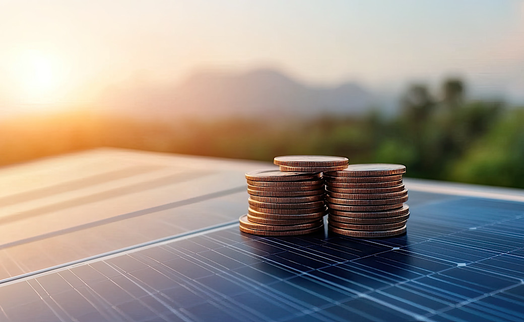 Solar panel investment symbolized by stacks of coins, reflecting renewable energy's financial benefits in a serene landscape.