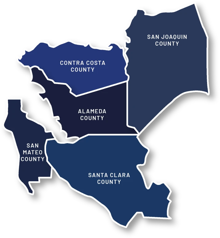 This image depicts a map highlighting five counties in California: Contra Costa County, Alameda County, San Mateo County, Santa Clara County, and San Joaquin County. Each county is distinctly outlined and filled with a deep blue shade against a dark background. The map is stylized with clear, white text labeling each county for easy identification.