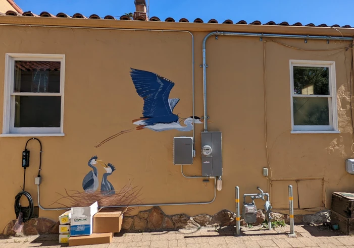 The image displays an exterior wall of a building with a unique mural of blue herons. Alongside the artwork, there's a practical setup including electrical panels and conduits, likely part of the building's utility systems. This combination of functional elements with aesthetic appeal creates an interesting visual blend on the otherwise plain wall. The scene is bright and clear, indicating a sunny day, and there are some boxes and a gas meter visible at the bottom, adding to the everyday feel of the setting.