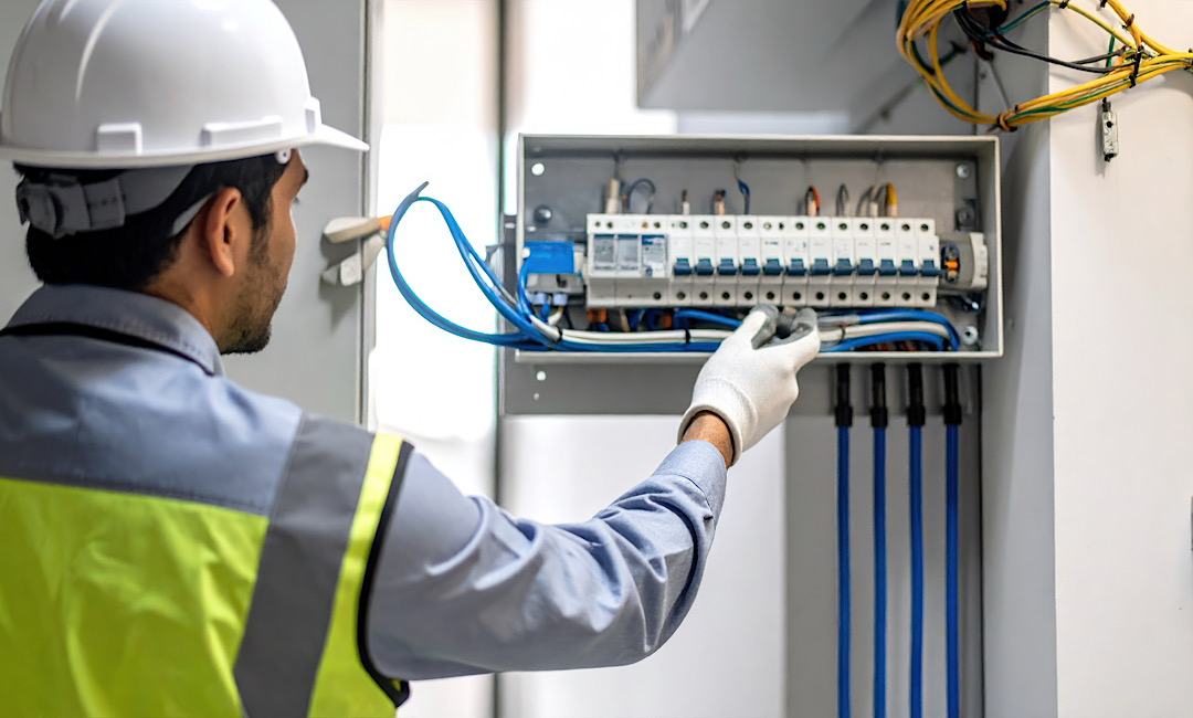 Licensed electrician performing a residential electrical panel inspection before solar installation in a San Jose home.