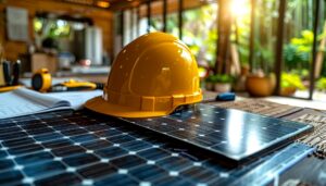 A yellow hard hat sits on top of a solar panel