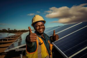 AI generated Portrait of african american man in helmet on field with solar panels showing thumb up. Concept of eco energy and service work