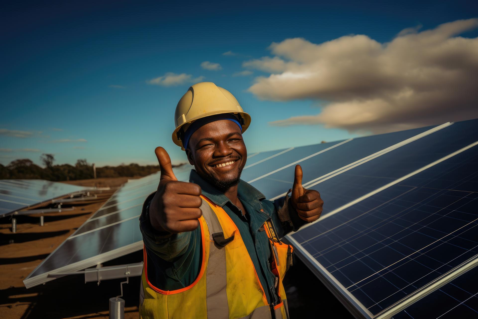 AI generated Portrait of african american man in helmet on field with solar panels showing thumb up. Concept of eco energy and service work