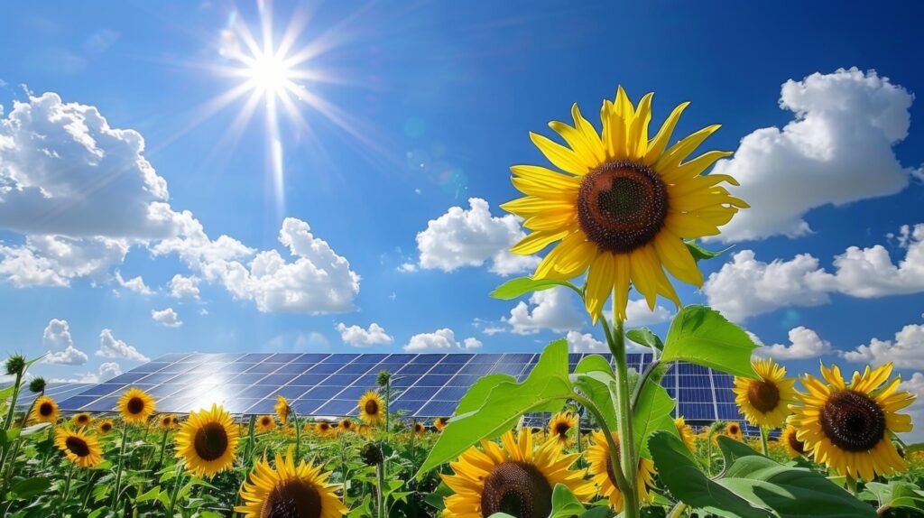Solar panels amidst towering sunflowers basking in the sunlight