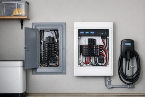 Stock photo of a sub panel and smart electrical panel installed side by side in a modern garage, with a home battery backup and EV charger visible nearby, illustrating residential solar and EV readiness without people present.