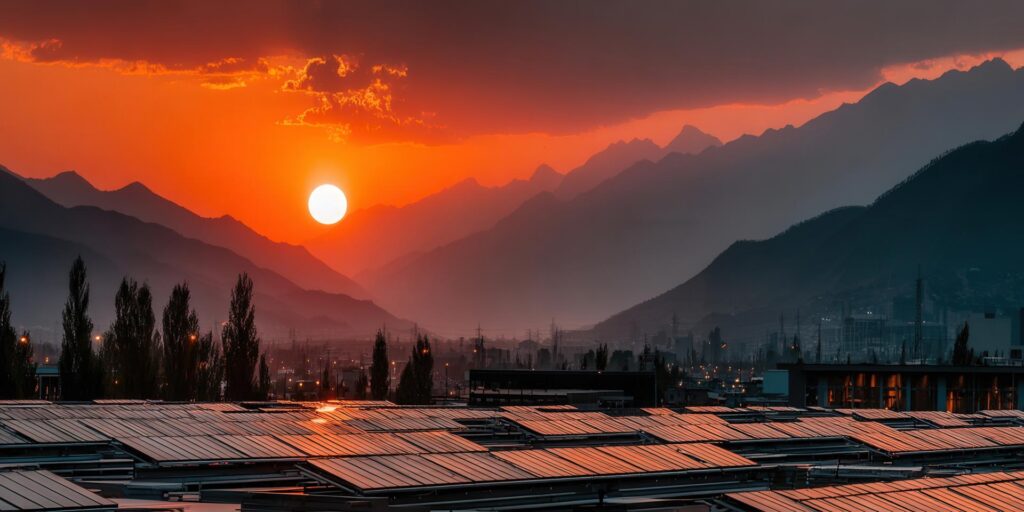 A stunning sunset paints the sky over the mountains and city, creating a beautiful landscape.