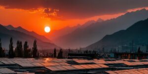 A stunning sunset paints the sky over the mountains and city, creating a beautiful landscape.