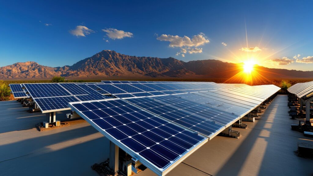 A wide solar power station shines under a bright sunrise with desert mountains in the background and reflective blue panels