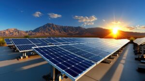 A wide solar power station shines under a bright sunrise with desert mountains in the background and reflective blue panels