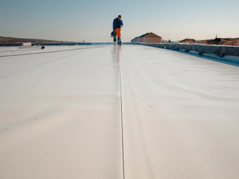 Worker inspecting a large white surface at a salt evaporation pond, with a long straight seam extending toward the horizon.