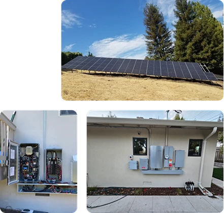 Solar panel installation with electrical control systems and battery equipment.